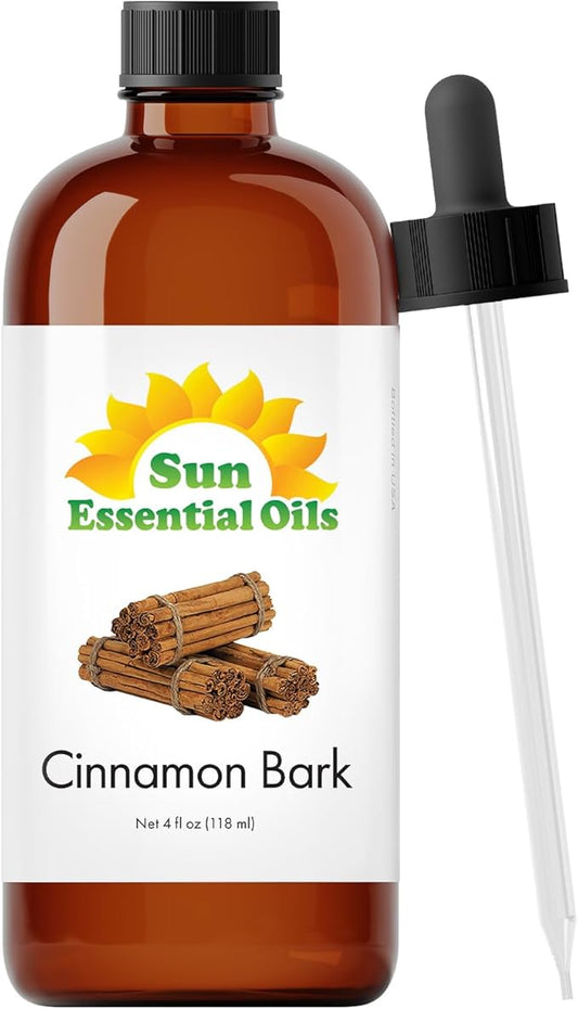 Sun Essential Oils - Cinnamon Bark Essential Oil (4 oz) with Dropper for Diffuser, Aromatherapy Massage, Skin & Hair, Fragrance for Candle, Soap & Lotion Making at Home