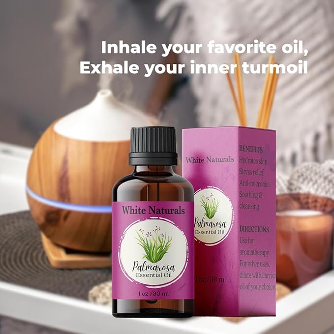 White Naturals Palmarosa Essential Oil – 100% Pure & Natural Palmarosa Oil, Floral & Fresh Aroma, Ideal for Aromatherapy, Skin Care & DIY Beauty, 1oz