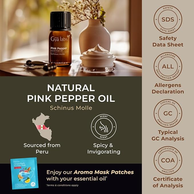 Gya Labs Pink Pepper Essential Oil for Skin - 0.34 Fl Oz - 100% Pure Natural Pink Pepper Oil for Diffuser, Face, DIY Candle Making & Massage Aromatherapy - Crisp Peppery & Spicy Scent