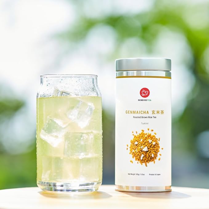 Senbird Organic Genmaicha, Caffeine-Free Japanese Mochi Rice Tea from Hokkaido Japan, Herbal Tea in Airtight Tin, 100g (3.5oz)