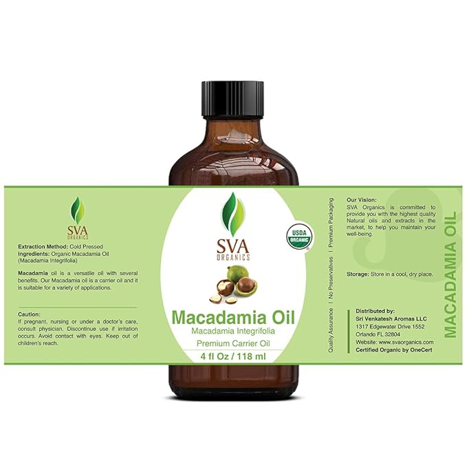 SVA Macadamia Seed Oil Organic - 4 Fl Oz – 100% Natural Cold Pressed Organic Macadamia Oil - for Face, Skin Care, Hair Care, Scalp Massage & Body Massage – Carrier Oil with Dropper