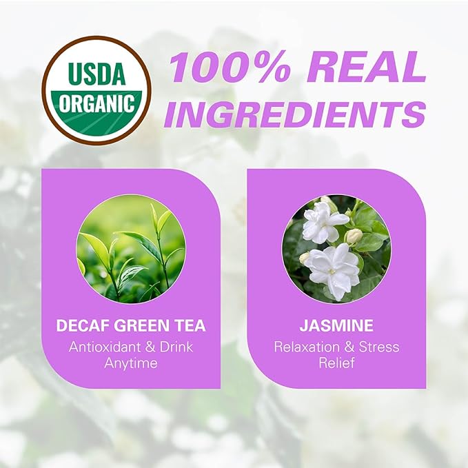 Organic Decaf Jasmine Tea Bags, Decaffeinated Green Tea Infused with Jasmine Aroma, Refreshing & Relaxing, Tagless, Sugar Free