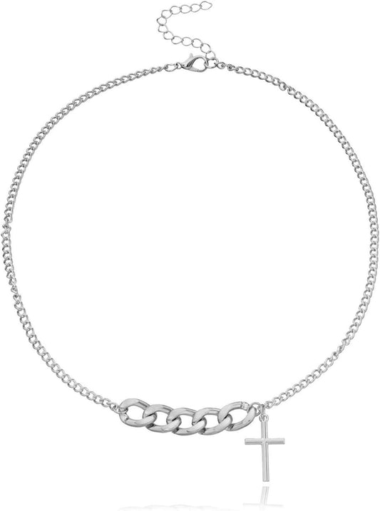 Vintage Cross Necklace Creative Chunky Cuban Chain Tiny Cross Pendant Choker Clavicle Chain Necklace Jewelry for Women and Girls