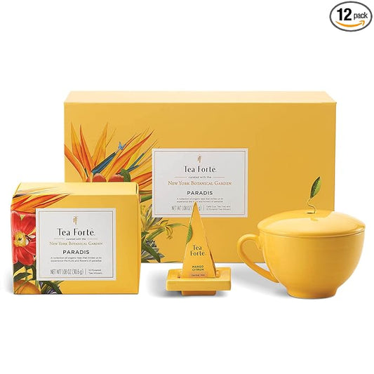 Tea Forte Paradis 3-Piece Mother's Day Tea Gift Set with Mango Yellow Cafe Cup with Lid, Tea Tray and 10 Assorted 2 of Each Variety Organic Handcrafted Pyramid Infuser Tea Bags