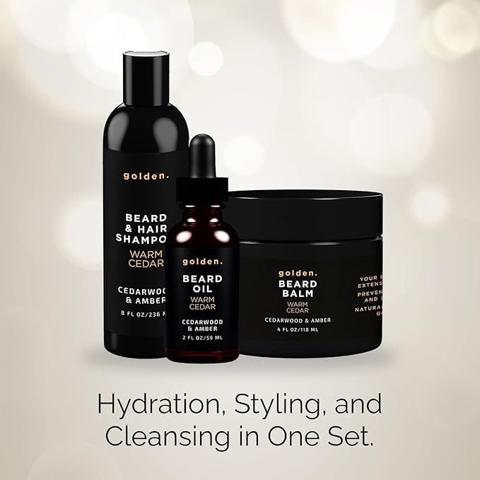 Golden Grooming Co. Everyday Beard Bundle – Complete Beard Care Set | Includes Beard Oil, Balm & Shampoo (XL, Warm Cedar)