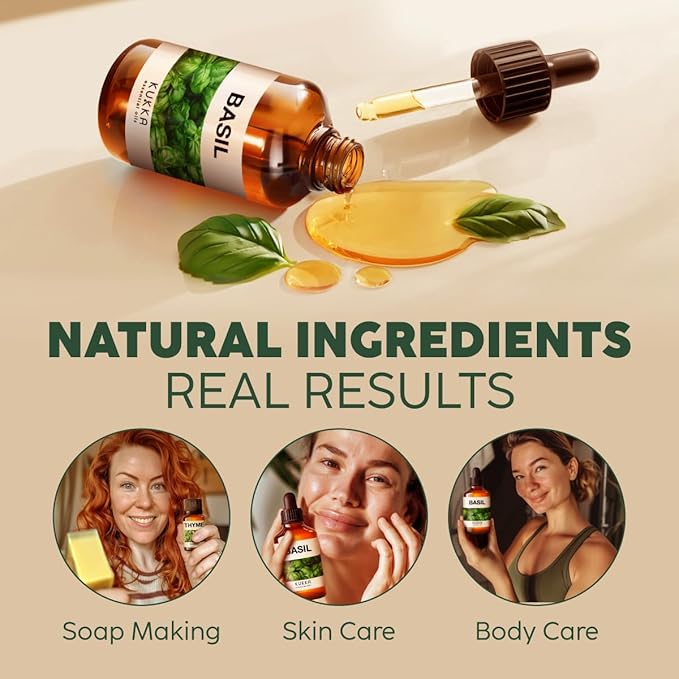 Kukka Basil Essential Oil for Diffusers - 4 Fl Oz - 100% Pure Natural Basil Oil for Skin & Aromatherapy Scent Massage Candles & Soaps Making Scent