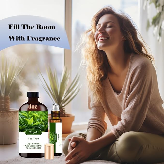 Tea Tree Essential Oil - Tea Tree Oil 4 Fl Oz & Roll On 10ML Essential Oil Set for Aroma Diffuser Humidifier Home Fragrance Bath SPA Cleaning Yoga Soap Perfume Gift for Women