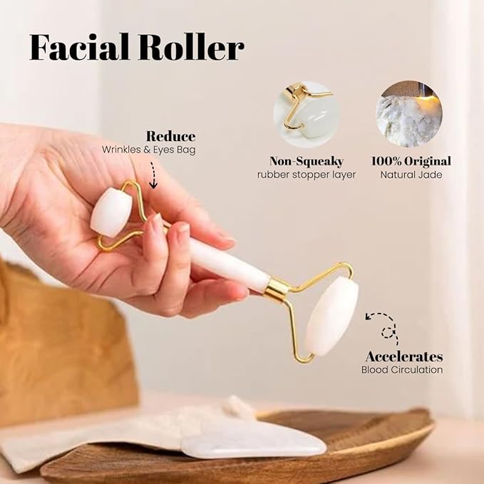 ROSELYNBOUTIQUE Gua Sha Facial Tools & Face Roller for Wrinkless Natural Skincare Tool Jade Roller Guasha Tool for Face Facial Massager (White Jade)