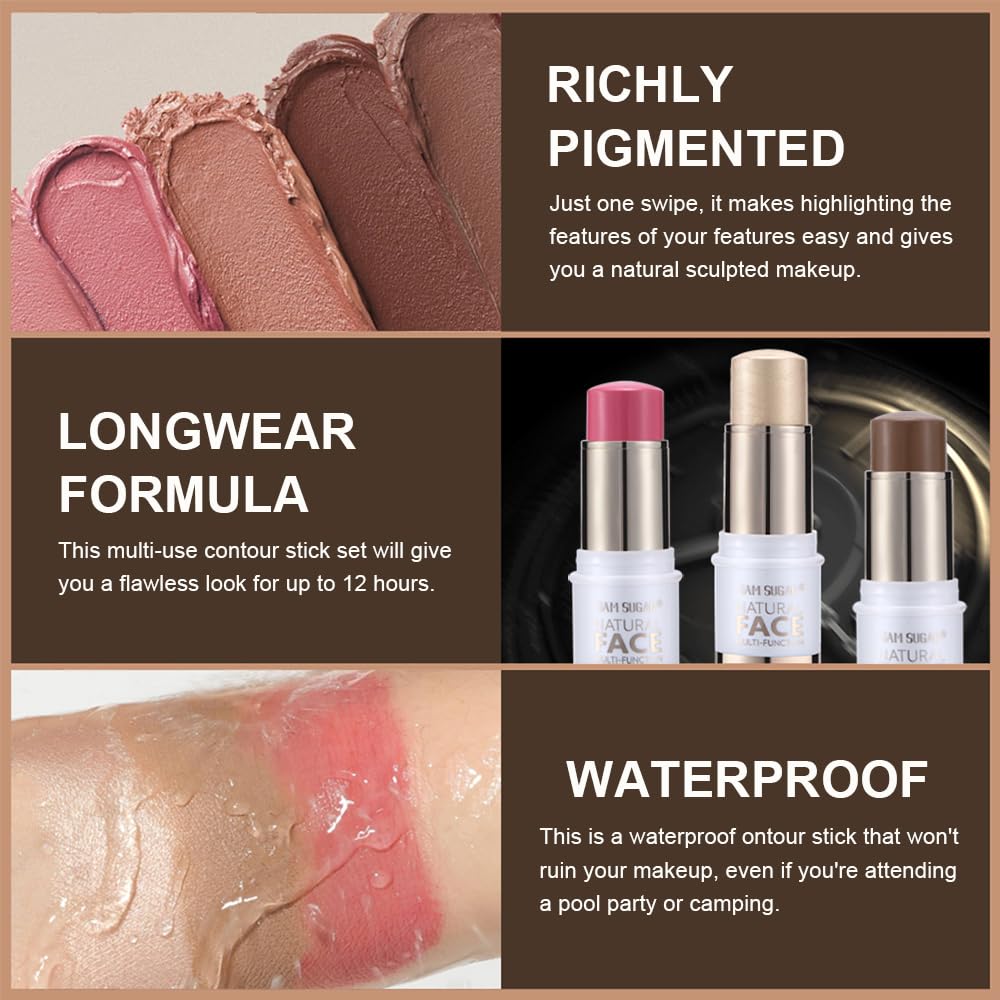 Contour Stick Makeup Kit,3Pcs Bronzer Blush Highlighter Stick Set for Create a Glowing Flawless Look, Longwear Non-Greasy Matte Finish Face Stick Trio, Include Brush – Light Medium (#03,06,09)