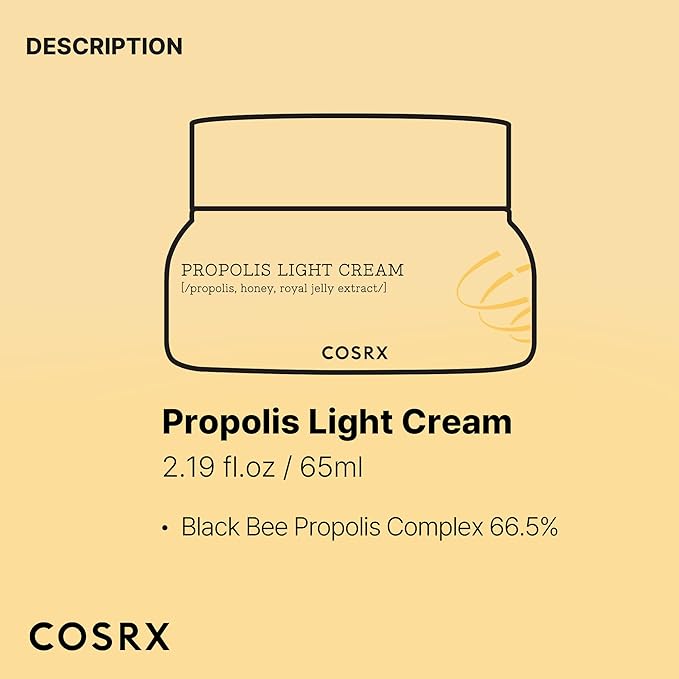 COSRX Full Fit Propolis Light Cream, 2.19 Fl.oz / 65ml, Propolis 64.5%, Hydrating Daily Day and Night Moisturiser, Korean Skin Care, Not Tested on Animals, Paraben Free