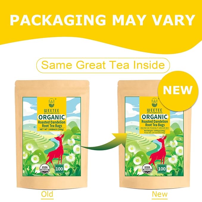 WT WEETEE Organic Roasted Dandelion Root Tea Bags, Dandelion Herbal Tea 100 Count, Caffeine Free, Support Healthy, Vitamins Rich