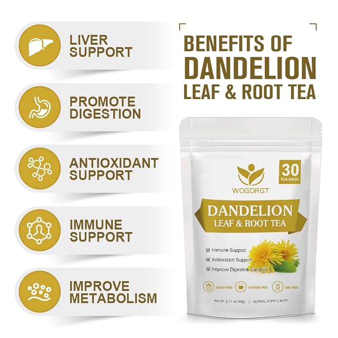 Organic Dandelion Leaf & Root Tea - Natural Dried Dandelion Herbal Tea for Liver Support, Antioxidant, Digestion and Immune Support, Caffeine Free - 30 Tea Bags
