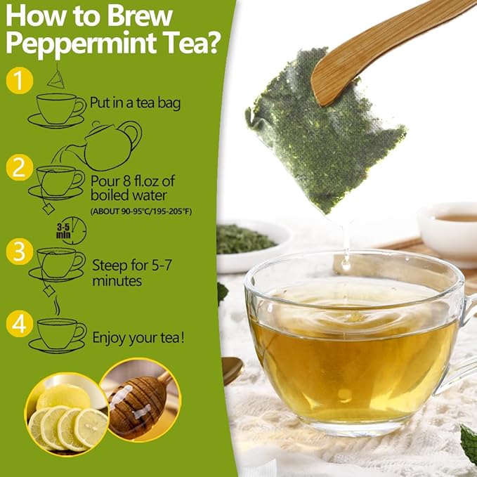 Premium Peppermint Tea Bags, 100 Tea Bags, Made with 100% Natural Peppermint Leaves, No Additives & Caffeine Free.