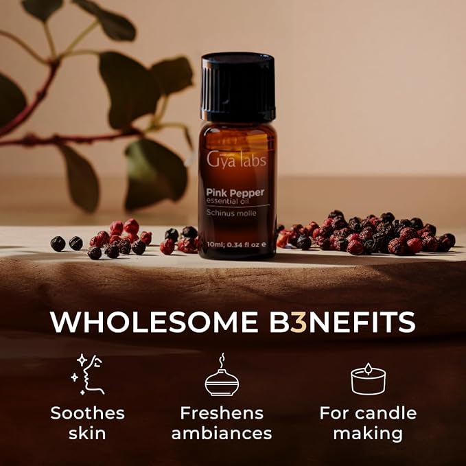 Gya Labs Pink Pepper Essential Oil for Skin - 0.34 Fl Oz - 100% Pure Natural Pink Pepper Oil for Diffuser, Face, DIY Candle Making & Massage Aromatherapy - Crisp Peppery & Spicy Scent