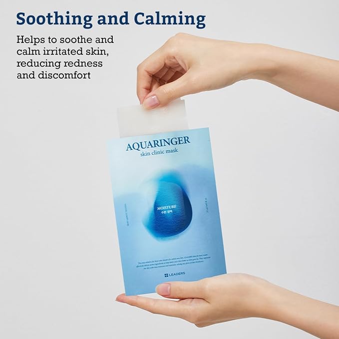 LEADERS Aquaringer Skin Clinic Mask | Intensive Hydration & Moisture Replenishment | Soothes & Calms Irritated Skin | Refreshes Dry, Dehydrated Skin | Suitable for All Skin Types - 10 Sheets