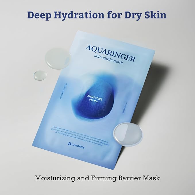 LEADERS Aquaringer Skin Clinic Mask | Intensive Hydration & Moisture Replenishment | Soothes & Calms Irritated Skin | Refreshes Dry, Dehydrated Skin | Suitable for All Skin Types - 10 Sheets