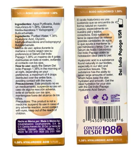 Del Indio Papago Hyaluronic Acid Serum (3.38 Fl Oz) / Serum Acido Hialuronico 1.38% Para, todo tipo de Piel - Intensive Daily Hydration, For All Skin Types, Anti Aging Formula - LIMITED EDITION!!!