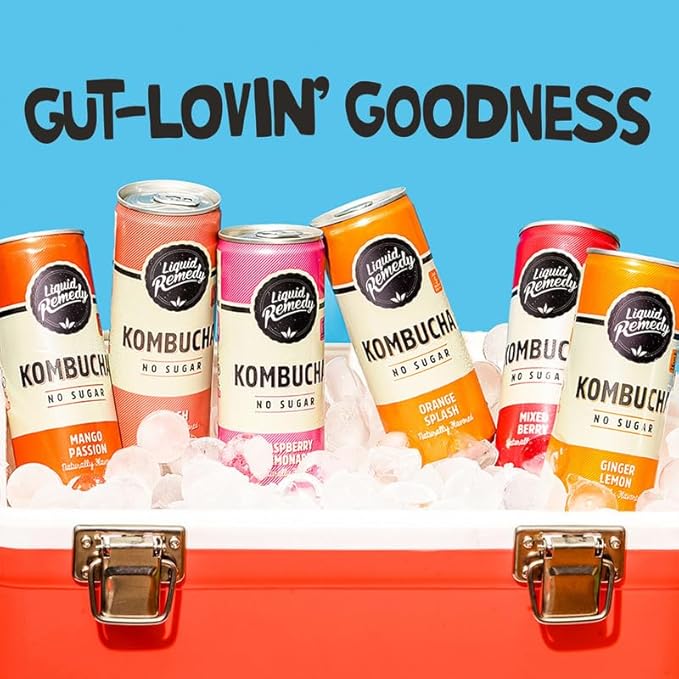 Liquid Remedy Kombucha Sugar Free Organic Drink, Low Calorie, Probiotic Like Tea for Gut Health - Super Sampler Variety Pack - 8.5 Fl Oz Can, 24-Pack