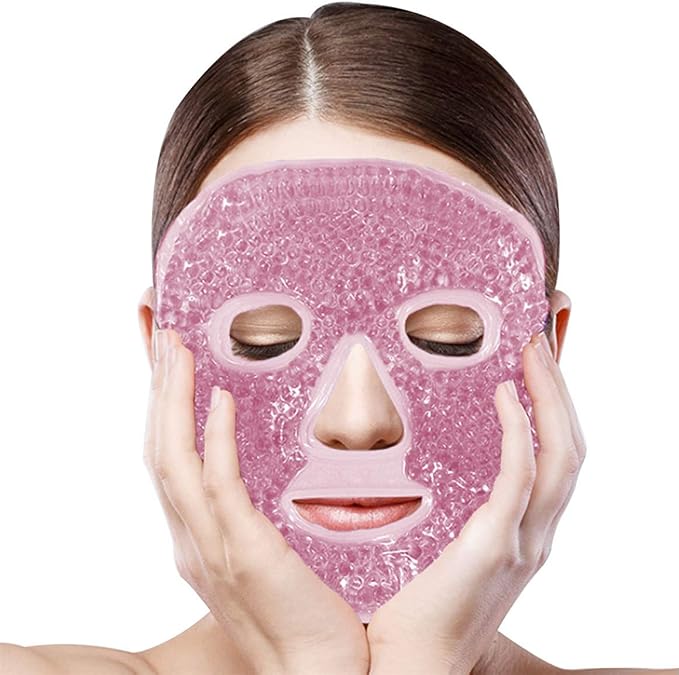 Hot and Cold Face Mask, Flexible Full Face Gel Ice Pad, Reusable Spa Compress Facial Pack for Migraine Relief, Puffy Eyes & Relaxation, Sleeping Face Mask, Pink