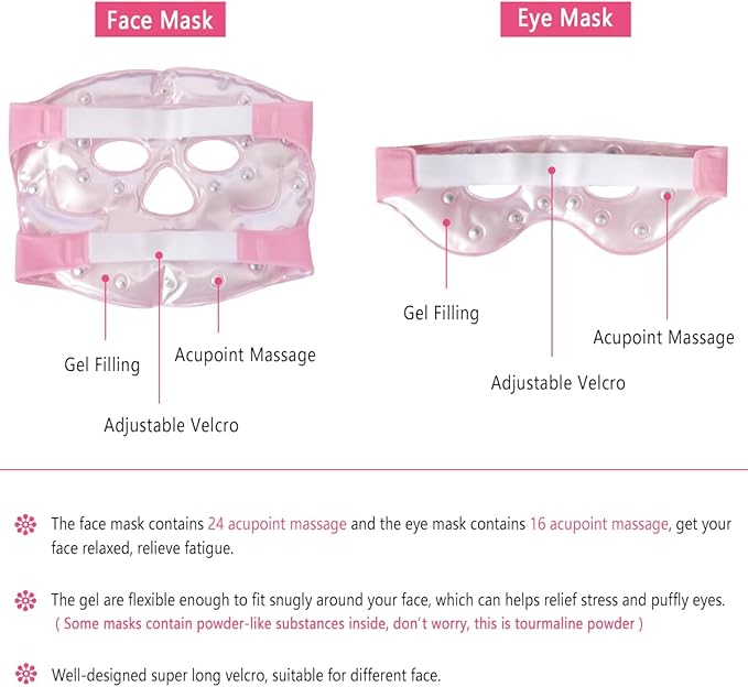 Ice Face Eye Mask for Cold Hot Compress Therapy, Gel Cooling Heat Facial Eye Mask Pack Reusable with Acupoint Massage & Tourmaline Powder for Skin Firming, Puffy Dark Circles Bags Eyes, Relief Pain