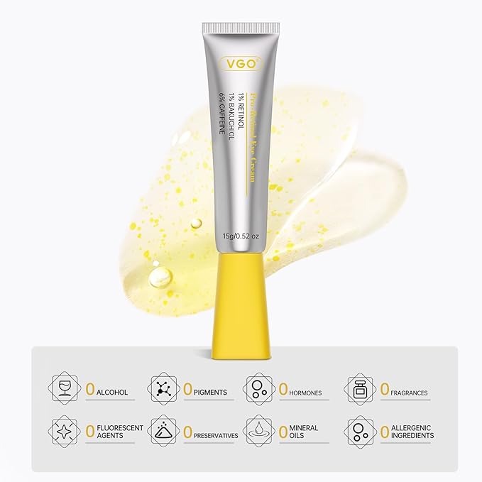VGO Retinol Eye Cream, Anti-Aging Eye Cream for Dark Circles & Puffiness with 1% Retinol, 1% Bakuchiol & 6% Caffeine to Reduce Wrinkles, Fine Lines, De-puff and Eye Bags, 0.52 oz/15g, Made in USA