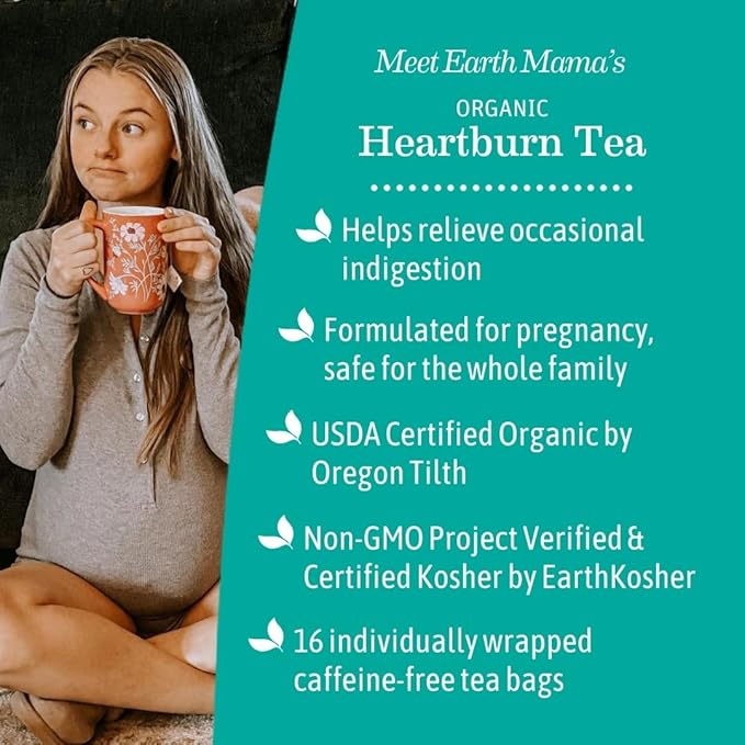 Earth Mama Organic Heartburn Tea | Pregnancy-Safe Soothing Herbal Blend with Marshmallow Root, Lemon Balm & Chamomile, 16 Teabags Per Box (6-Pack)
