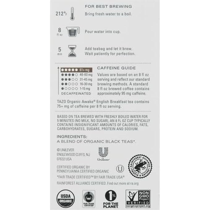 TAZO Organic Awake English Breakfast Black Tea, Black tea with Caffeine, 16 Total Bags