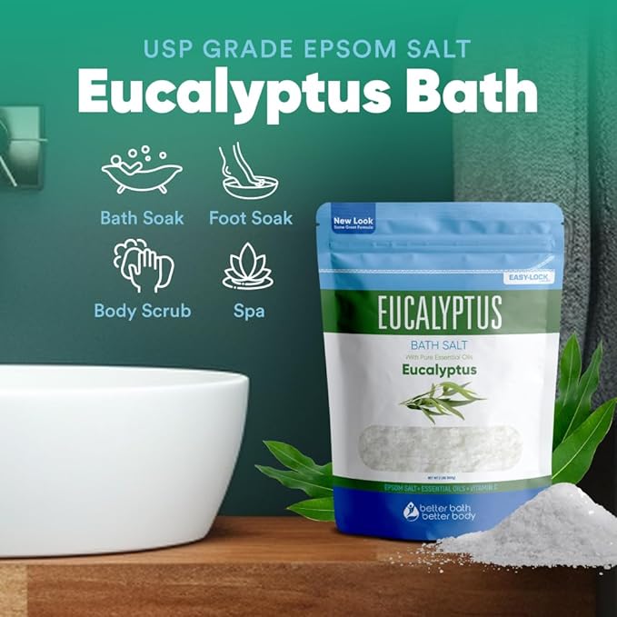 Eucalyptus Bath Salt 32 Ounces Epsom Salt with Natural Eucalyptus Essential Oil Plus Vitamin C in BPA Free Pouch with Easy Press-Lock Seal