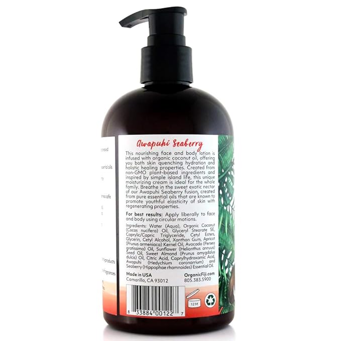 Coco Fiji Face & Body Lotion Infused With Coconut Oil | Lotion for Dry Skin | Moisturizer Face Cream & Massage Lotion for Women & Men | Awapuhi Seaberry 12 oz, Pack of 3