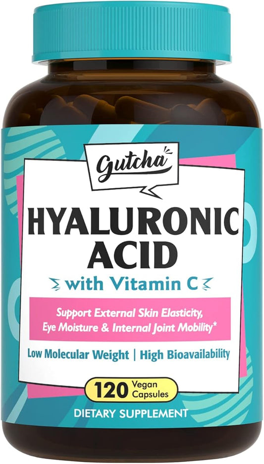 Gutcha Hyaluronic Acid, Ultra Strength with Vitamin C, Low Molecular Weight, High Stability & Bioavailability, Anti-Aging Formula for Joints, Skin & Eyes, Vegan, Once Daily, Non-GMO, 120 Caps