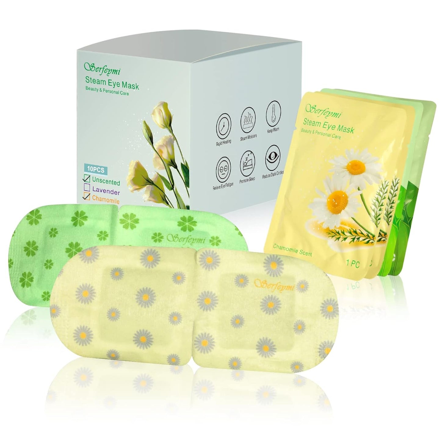Serfeymi Steam Eye Masks Relieve Eye Fatigue, Eye Patch Self Heating Warm Eye Mask, Disposable Eye SPA Heated Eye Mask for Dry Eyes, Dark Circles, Tired Eyes -Unscented(5PCS)+ Chamomile(5PCS)