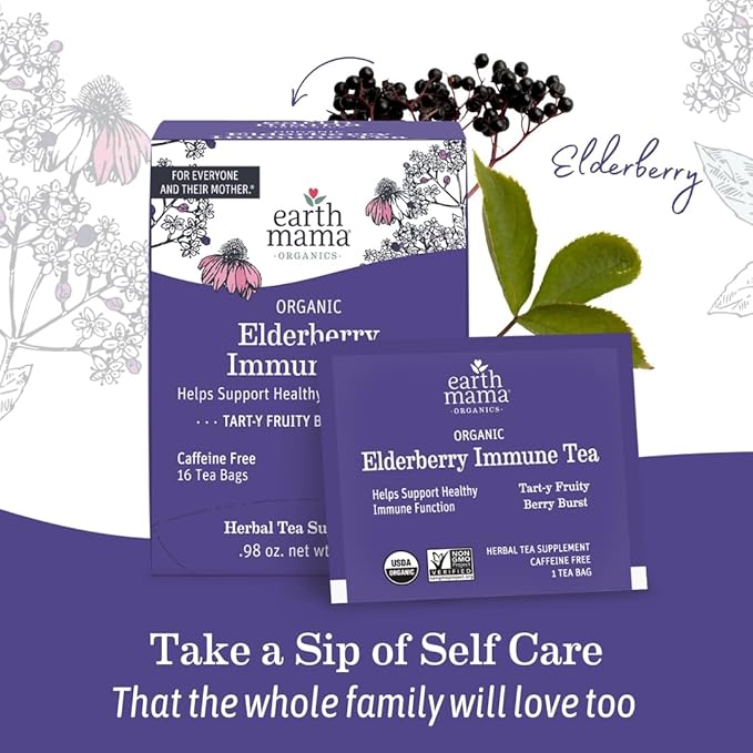 Earth Mama Organic Elderberry Immune Support Tea with Echinacea | Safe for Pregnancy, Breastfeeding, Postpartum, Kids and Family Essentials, Decaf Tea with Ginger & Rooibos, 16-Count