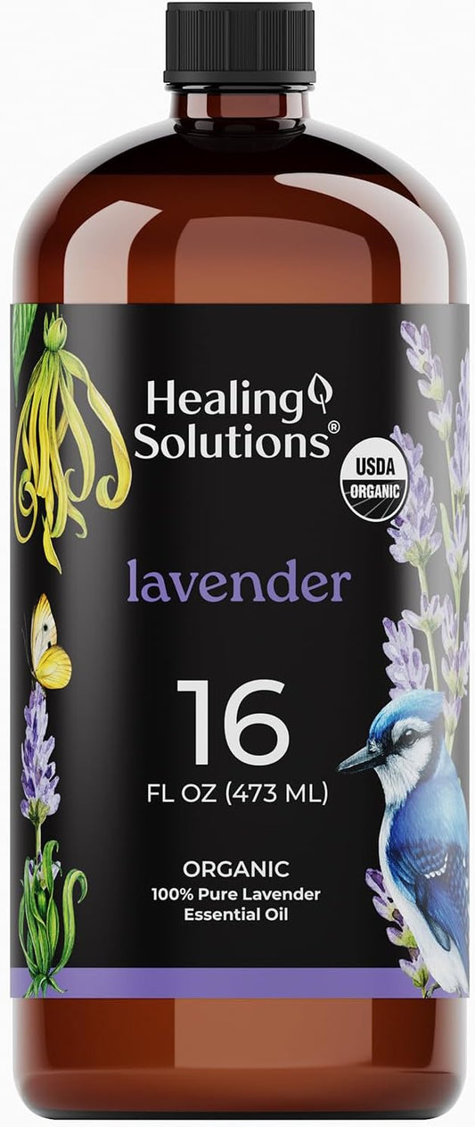 Healing Solutions Organic Lavender Essential Oil Bulk, 16oz - Lavender Essential Oil Large Bottle for Skin, Cleaning & More - Aromatherapy Diffuser Oil - Lavender Oil Spray - Lavender Oil for Cleaning