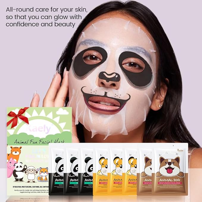 Kaely 8 Pack Animal Character Sheet Masks, Face Masks for Kids Teens Skin Care, Korean Soothe Facial Mask for All Skin Types, Girls Night Skincare Spa Party, Birthday Gifts for Women Men, Set01