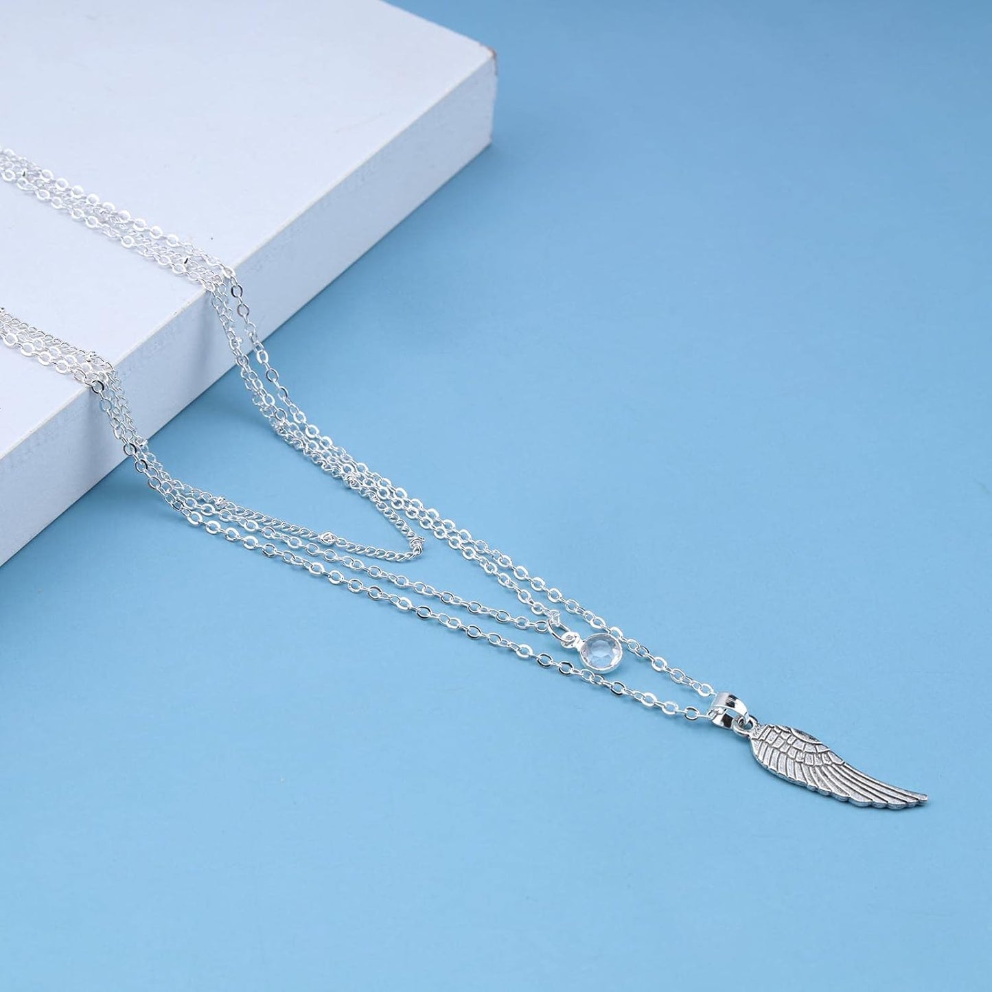 Bohemia Layered Crystal Choker Necklace Angel Wing Pendant Necklace Round Crystal Cz Necklace Chain Silver Guardian Angel Necklace Chain Jewelry for Women