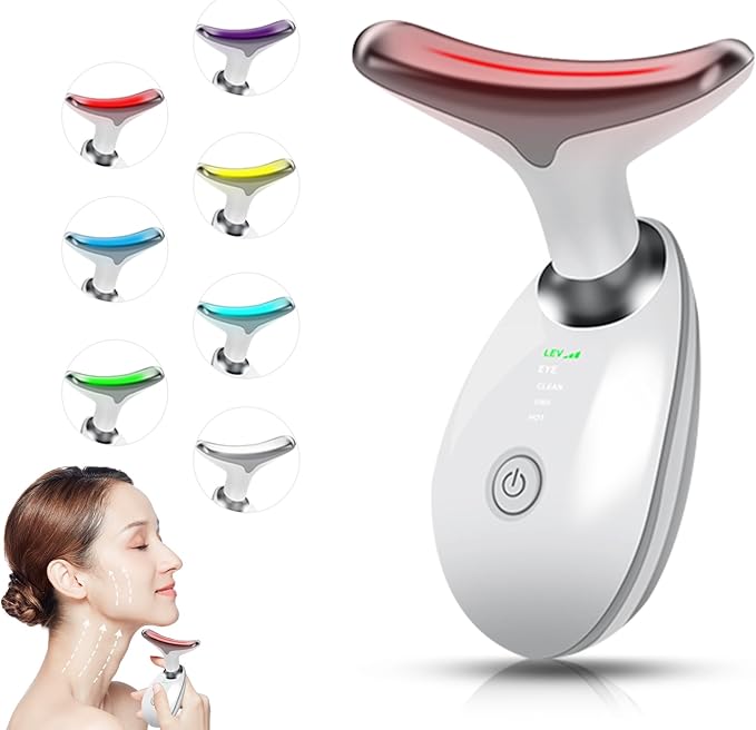 Neck Face Massager, 7 Color Face Neck Massager for Skin Care Routine at Home, Facial Massager with Non-Slip Design, White
