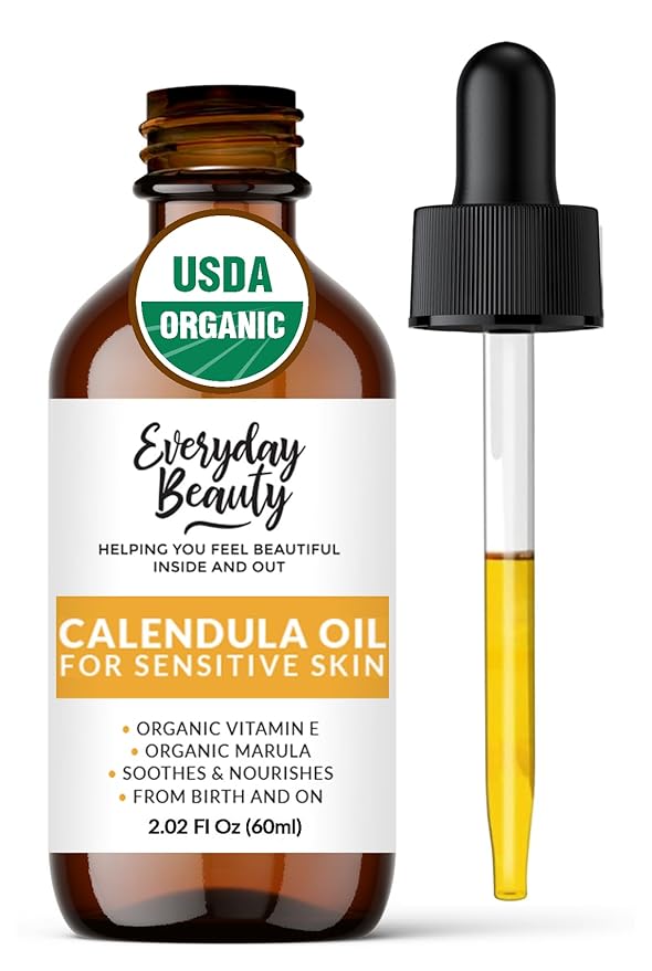 Organic Calendula Oil For Sensitive Skin - USDA Certified 100% Plant Based, Lightweight & Unscented Gentle Soothing Oil For Sensitive Skin - For Face, Skin & All Over - 2.02 Fl Oz Glass & Dropper