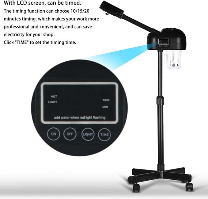 Stand Professional Ozone Facial Steamer with Digital Display, Adjustable Height & Rolling Base, Timer Function, 360° Rotatable Nozzle, Hot Mist Function, Use for Home, Salon SPA (Black)