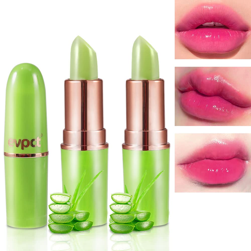 2Pcs Aloe Vera Lip Color Changing Lipstick Lip Balm Set, Green Magic PH Lipstick Color Change Changing Crystal Flower Jelly Lipstick Tinted Lip Balm Gloss Stain Makeup Set for Women Girls Waterproof