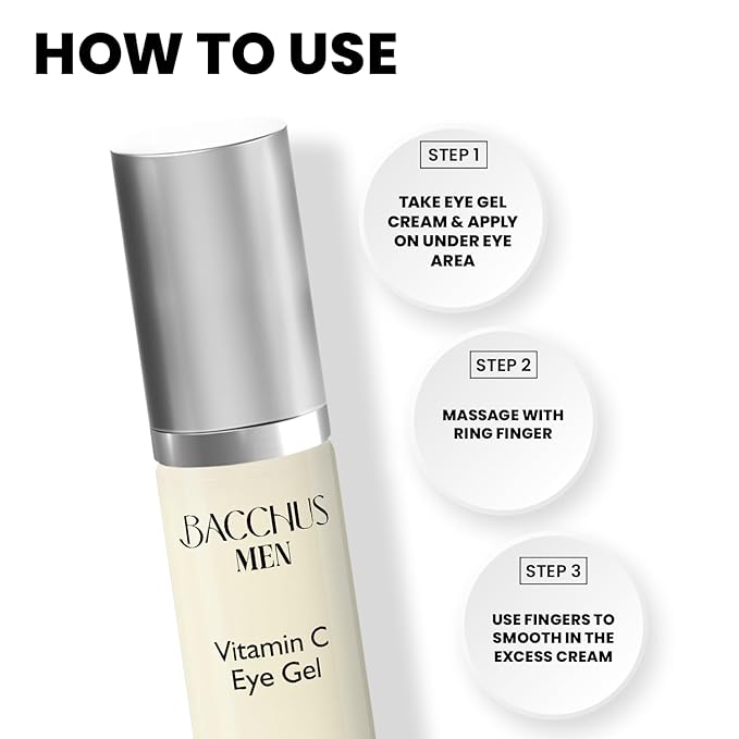 Bacchus Men Vitamin C Eye Gel, Reduce Dark Circles, Spots and Eye Puffiness - Anti Aging Treatment Nourishes, Revitalizes, Soothes, and Refreshes the Look of Your Eye Area | Made in USA | 0.5 oz