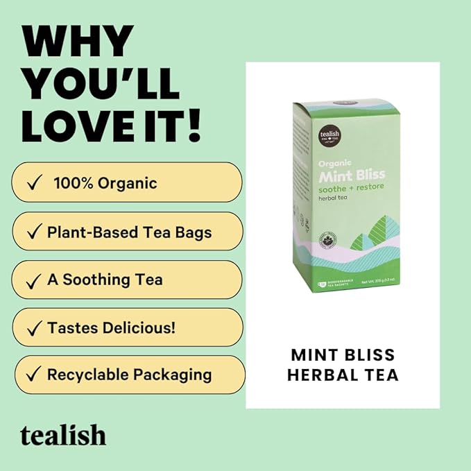 Tealish - Organic Mint Bliss Herbal Tea Sachets, 15 Biodegradable Tea Bags - Organic Herbal Tea Bags - Tea for Digestion, Sip After Meals, Relaxation and Calming Tea