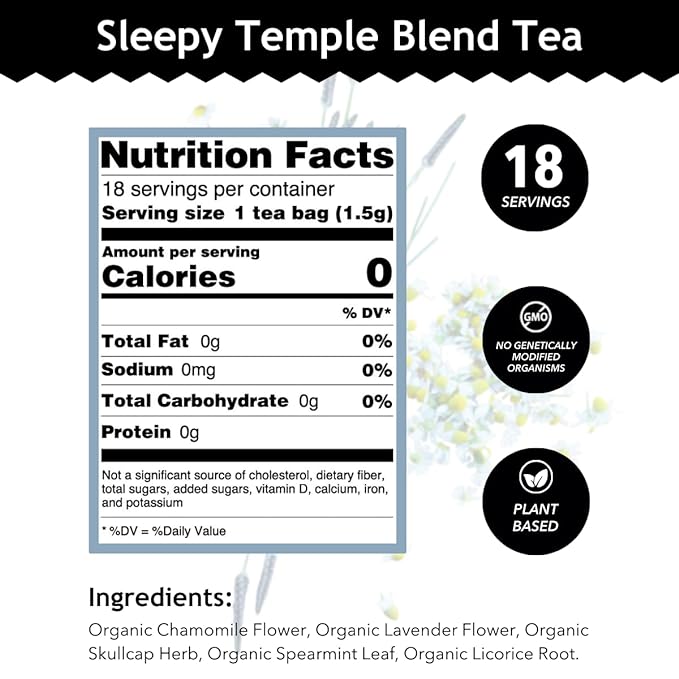 Buddha Teas - Sleepy Temple Blend - Organic Herbal Tea - For Health & Wellbeing - Blend of Herbs & Flowers - Clean Ingredients - Caffeine Free - OU Kosher & Organic - Non-GMO - 18 Bleach-Free Tea Bags