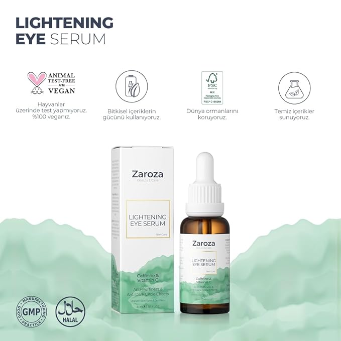 Lightening Serum – Caffeine & Vitamin C Under Eye Treatment for Dark Circles, Puffiness, Fine Lines – Hydrating & Brightening Eye Contour Serum – 30ml