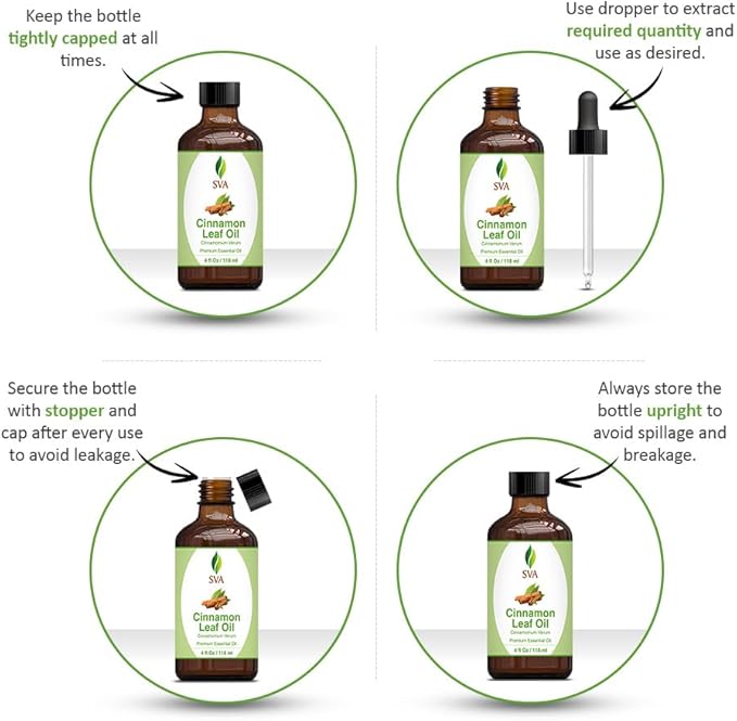 SVA Cinnamon Leaf Essential Oil – 4 Fl Oz – 100% Natural Cinnamon Oil - for Diffuser, Hair Care, Face, Skin Care, Aromatherapy, Scalp and Body Massage, Soap and Candle Making – with Dropper