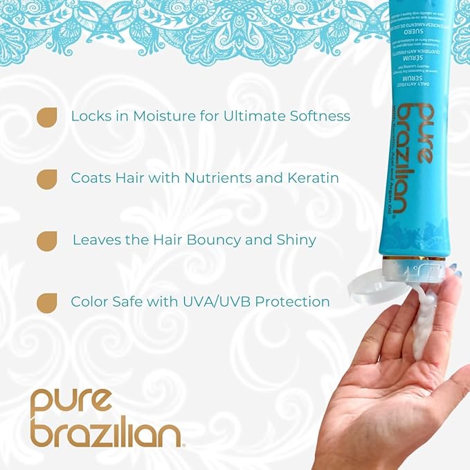 Pure Brazilian Anti-Frizz Daily Leave-In Serum, Strengthening Hair Treatment to Fortify & Protect from Heat & UVA/UVB, 13.5 Ounce (400 Milliliter)