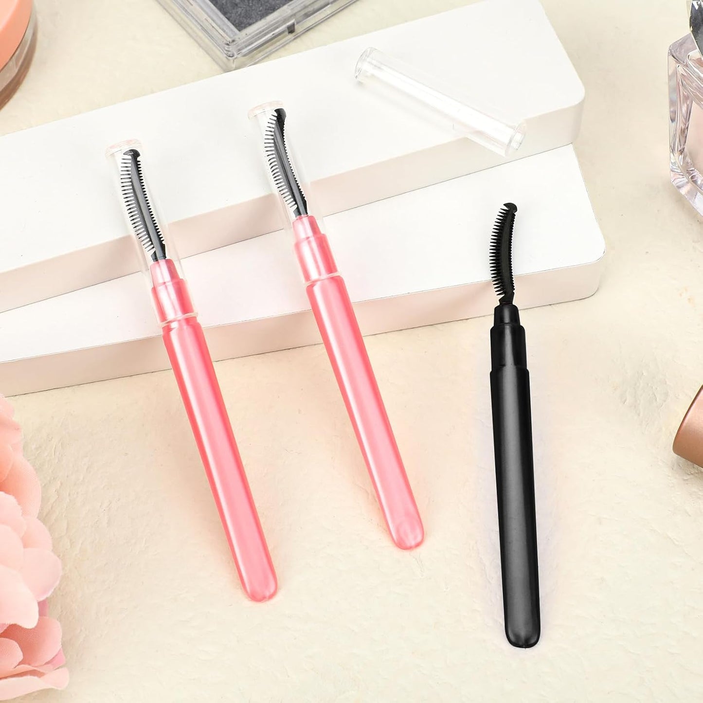 4 Pcs Silicone Eyelash Separator Tool Lash Wand Brush Eyebrow Spoolie Brush Eyelashes Definer with Lid Lash Separating Comb (Pink, Black)
