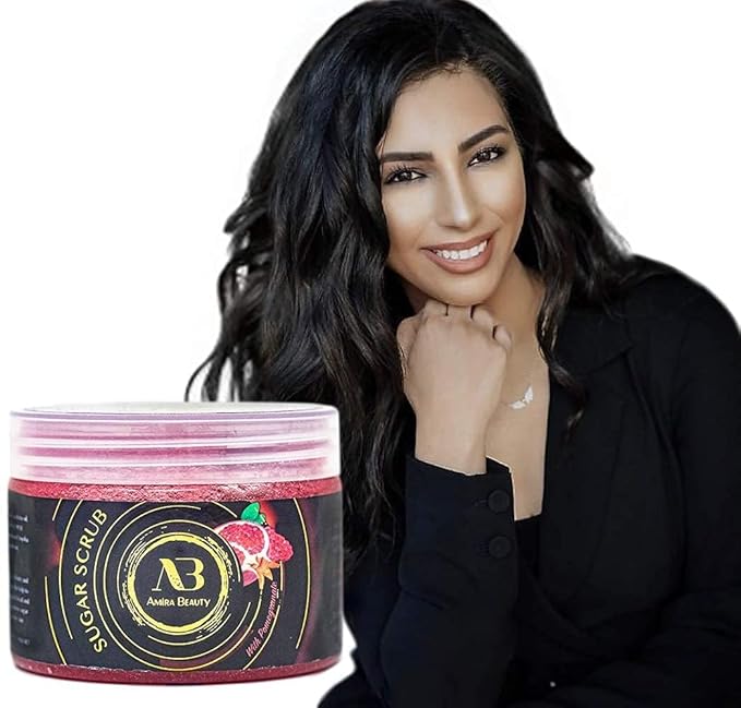 Amira Beauty Pomegranate Sugar Body Scrub Exfoliating Ultra Hydrating Moisturizing Scrub - Fights Acne, Cellulite, Stretch Marks, Scars & Wrinkles (14oz)