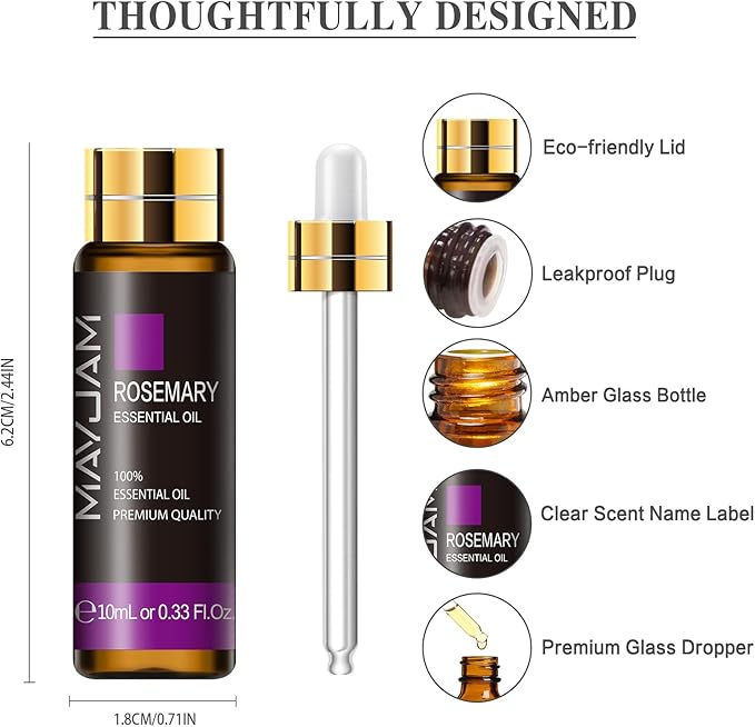 Rosemary Essential Oil 10ML, Pure Essential Oils for Massage, Diffusers, Rosemary Oil for Soap Candle Making (0.33FL.OZ Bottle)