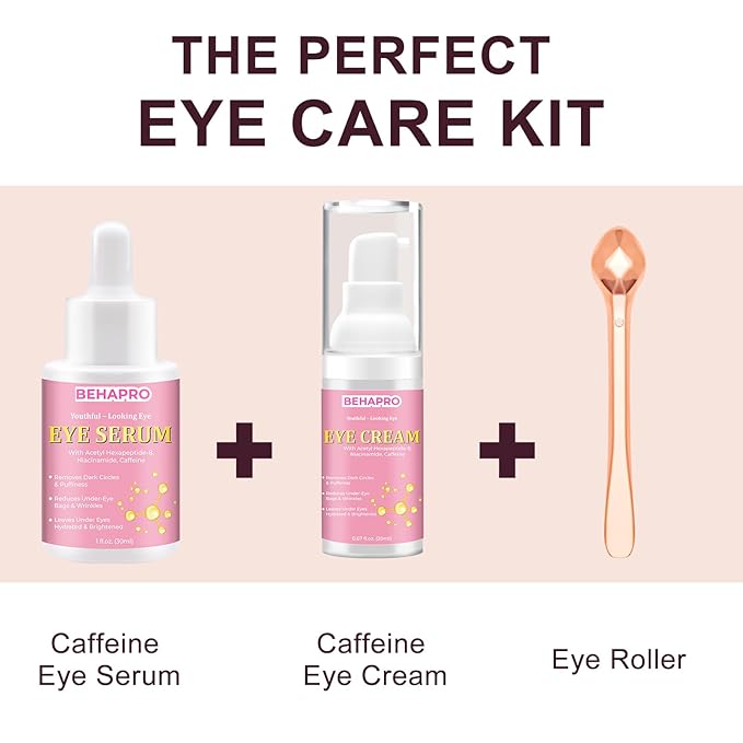 Caffeine Eye Cream,Dark Circles Under Eye Treatment For Puffiness And Bags Under Eyes Wrinkles Dark Circles w/Eye Serum & Eye Roller,Eye Cream Eye Care,Eye Bag Remover Puffy Eyes Treatment Products