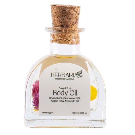 Herbaria Body Oil - Sweet Tart (3.38 fl oz) | Luxurious Body Oil - ALL SEASON | 100% Vegan Enriched With Grapeseed Oil, Pomegranate Oil, Avocado Oil, Argan Oil, Baobab Oil | 100% Sustainable